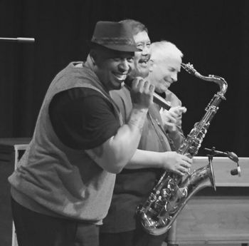 Jazz at Joe's curtain call, 12-26-15 Edwin Coleman, Renato Caranto, and I were all smiles following a memorable gig in Bend, OR
