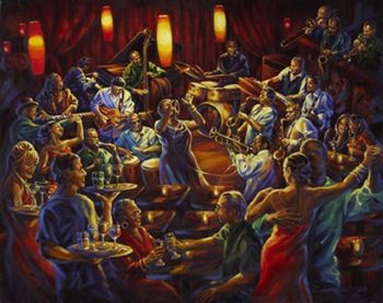 Diane Russell's painting of Jimmy Mak's musicians, staff, & customers (including Tracy Pain!)
