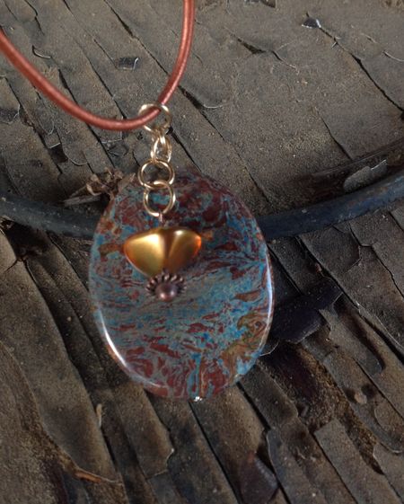Handmade Teal and Copper Pendant with Copper Charm