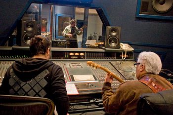 Noz at the helm with Larry Coryell producing  me. (Photo by Paul Sky)
