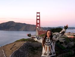 Nina Jo at Baker Beach, San Francisco, wearing her Dreamcatcher Sweater