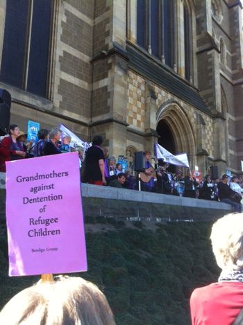 Margaret RoadKnight's perfermand in fron to the Melb Cathedral for Grandmothers for Refugees Rally
