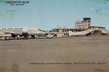 Christchurch International airport 1965.....a new DC8 and a Dakota aircraft
