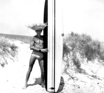 The colourful Billy Prichard...summer of '64 Billy showing off his brand new board!!
