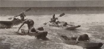 1955 Waihi Surf ski rescue The surf ski rescue was another interesting and difficult event especially in bigger surf!! this was the exact type of surf ski that i learned to surf on in 1959.we would stand up and surf in on them & they were reasonably easy to manouvere(pintail back)
