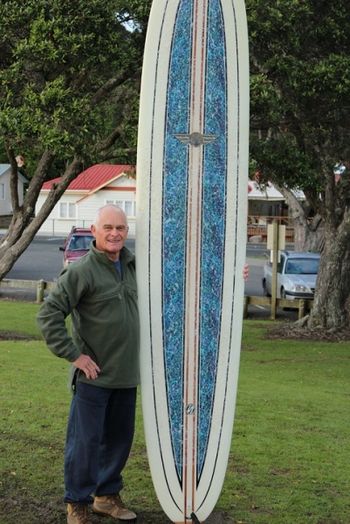 Richard Langmuir 65 yr old Richard at Waipu Cove 2012 with his awesome 135ft long noserider...Richard still surfing good and looks in pretty good nick!
