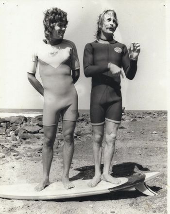 Mike Tinkler and Allan Byrne standing on the new 'Tinkler Tail'..... ...and showing off the new Bonser fin....Ha!...Byrnesey sadly no longer with us..a true NZ surfing legend...
