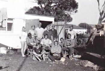 The Cotton Tree (Maroochydore) family ...winter of '68 Lorraine Collis  (maybe)...'Spange' (South African Andy Spangler)...Mike Tinkler...'Brick' (from New Plymouth on ground)...Tony Redmond...Billy Player..Bob Hagner...John black...Billy Carson...Bob Tinkler...Dave Boyd...Mike Cooney..'legs' taking the photo!
