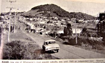 Kamo 1965...looking down Station Rd East.... 1965 was the year that Kamo became part of Whangarei.....i lived with the Hutton family here in '64 ...they lived just to the right of picture...fixing the old Model A...and making surfboards ..ha!

