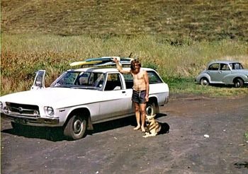 and Warrick Burchall makes the trip to Raglan.....summer of '73 complete with long hair...beard and Holden.....well well well..the hippie 'mind expansion'...'free and easy'...'hang loose' philosophy was everywhere....
