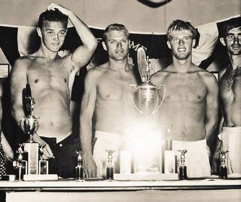 1955 Manhattan Beach paddleboard winners. The iconic and friend of Miki Dora...Greg NoLL (RIP) , Tommy Zahn, Ricky Grigg and George Downing.
