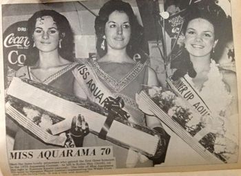 Now.... what are the local babes up too!!.....the 'three Lovely Princesses'...as the caption says Miss Aquarama 1970... Margaret Player (1st middle..representing Waipu SLSC)  Karenne Kawili (2nd right)....Robin May (3rd..left)
