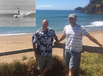 Dave Boyd and Mike Cooney have a surf at Pataua....beautiful summers day 2014 and inset.......Mike surfing Pataua 51 years earlier....man ...how blessed are us surfing mob!!!!.....
