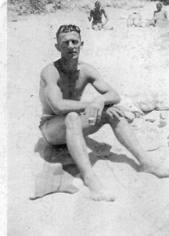 1948 Ocean Beach.....Bream Head Northland.... My dad 'Leo Cooney' soakin up the rays at Ocean Bch in 1948..imagine the road out to there in 1948!!....or to any beach around NZ for that matter....I guess this was the first visit to Ocean bch for me & my brother..Bro Phil would have been about 5yrs old
