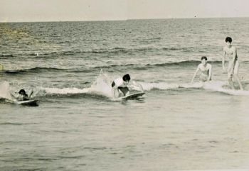 'Awesome foursome' Ruakaka Northland 1963 Mike Cooney...Wayne Hutton...Geoff Beasley...Mike King...'ripping the place to shreads' & even tho we were totally into surfing..we were also clubbies as well...worked nicely didn't it!!...somewhere to spend the weekend with surf right out the front door!
