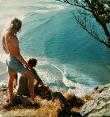 and finding classic waves will never go out of fashion.... regular Ngunguru Xmas camper Bruce Dennis (of Hamilton heritage) and Norm Winger look down on that other Pataua.....Okiwi bar ..Great Barrier...summer of '73
