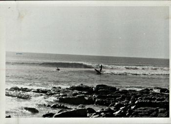 The Bluff...Alexander Headlands....winter of '68 Mike Cooney paddling out...Mike Tinkler kicking out...
