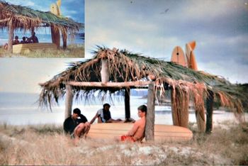 and here's 'Prod' Rod (Finlayson) and the boys...... in their Hawaiian 'Hale' thatched shelter at Waipu.....no permits then!!!..Ha!.....imagine the crap you would have to go thru these days to build that!
