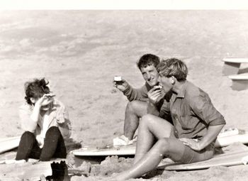 Johnny Bruce and girlfriend Jane.....and Mike Cooney..Langs Bch Lunch time on a warm Autumn day...after a fun surf!..1964
