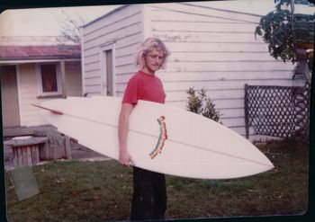 Meanwhile back in Whangarei...Tich Williams has become part of the folklore of Northland surfing.... looks like a fancy lookin Supersession board Tich is holding...in '72 we were trying everything...concaves..fish tails..wings..channels..trifins..twinfins..pinnose-pintail..fatboys..you name it!!..Remember 'Tracer'surfboards?..Tich and mate Phils creation
