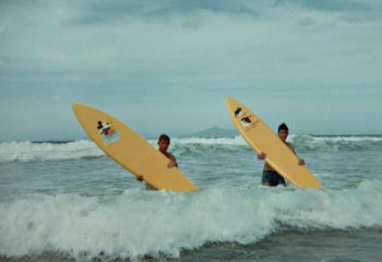 classic shot of Terry and Harold...empty waves ..summer of  1960 man..they did a great job on those boards ..didn't they! (for novices that is!!!!).......and no wax on the boards yet..Ha!!!
