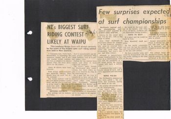 a North Reef Boardriders (Takapuna) contest...organised by them at Waipu Cove..summer of  '68 locals mentioned...'Dak' ..Colin Lowe..Beehre..Cooney..Wordsworth..Tim Frazerhurst..Clive smart..Johnny Ayten..Ross Blomfield......Josie Armitage..Ainsley...Leslie..and 'Jan Aickin who rode well last year'......
