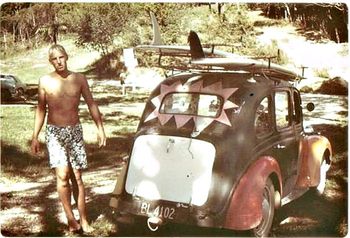 How classic does that look......... Jims Dunlop board on the rack......1967 ...a major turning point in the history of surfing, as you can clearly see by the 2 different types of boards!!!....and check Jims classic board bumps (knees) that we all had then!!
