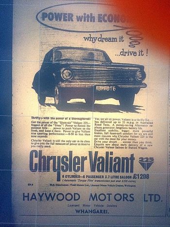 Haywood Motors...and the new Valiant comes out....only 1,298 pounds!!!!!..or $2,596!!! imagine paying $2,596 for a brand new car....well we did then!!!...actually it was still in pounds in '65...
