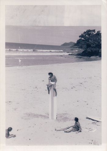 Waipu Cove '63...man we had so much fun in those days!! Dick & i deliberated over this one,& we think its WarrenPatterson...Warren was very much part of that early scene..any ideas who the other 2 are?Hope its not a pintail!! mind you this was the 'norm' then(putting your board in the sand like this, wasn't it
