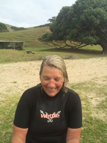 Our fearless leader Pauline Boyd with a fat nose...Ha!! Those dam surfboards are hard....Pauline proudly displays her first surfing scar...awesome!!....isn't life just a big party....
