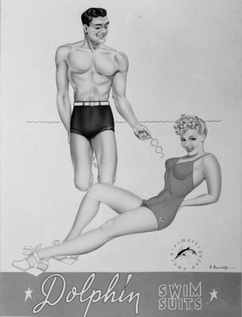 an advert for Dolphin swimsuits in 1950.... All the guys 'speedos' had belts up until the mid 50's and there was no such thing then as a Bikini...wasn't until mid 60s before the bikini's arrived (although they were first introduced in France in 1946)...
