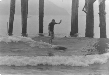 and heres Dick shooting the pier in the winter of '66 Dick and Mike Cooney stumbled on to this spot in the early days of construction, and had many an awesome session here...summer time was fabulous...warm water perfect peaks!!!
