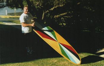 Peter Dunn (Auckland boy) in Perth WA 1996 with the actual board that Wayne Parkes was riding in '67 ....this board still in good nick nearly 30 yrs later...notice how different boards were starting to look from just 18 months earlier!! .........'Dunny'..Peter Dunn was a regular to Waipu Cove in the late 60s!
