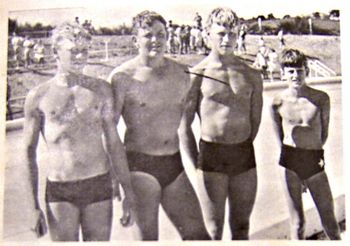 and the school senior boys swimming champion.....Doug Ferguson..(2nd from left) Now.....how would you like to meet this bloke down a back alley somewhere...ha!!....big barrel chested Doug......another one of the Northland talented surfing tribe...awesome!!
