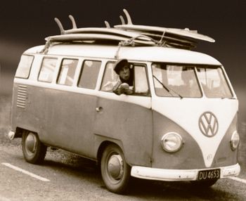Oamaru boy Terry Fiitz and mate Kim Westerskov.... heading for the 1968 Taranaki surf champs in their awesome old 1958 Kombi...how cool!!
