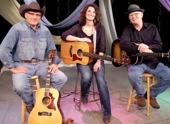 Jessie on the Prairie Public set with her dad Gene (L) and guitar and dobro player Mike Endrud
