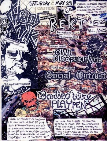 Caro, Michigan, 1993. You want some REAL Punk Rock? Imagine, if you will... A farm full of rockers and freaks dosed to the gills. Drums and guitars pounding. Bonfires burning. Mad revelry into the wee hours 'til dawn. Flyer art by M. F. Delicious and Spanky Lux.
