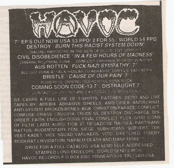 Havoc Records ad, 1994. In the olden days, when the internet was still in it's infancy, fanzine and catalog mail order were king.
