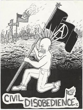 Sticker, 1990. This was the first graphic used by the band. Rikkir's love of alternative comics and the influence of artists like R. Crumb and Robert Williams is apparent in his work. Art by Rikkir.
