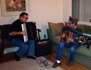 Performing with Dear friend guitar great Angelo Primo during a post production project
