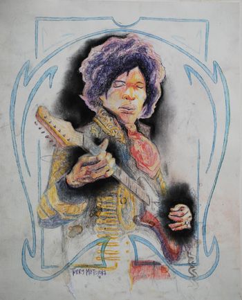 Terry Matsuoka- Jimi Hendrix charcoal, colored pencil on gesso'd paper, available
