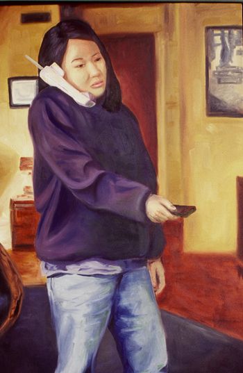 Terry Matsuoka- Woman Watching and Listening oil on canvas, available

