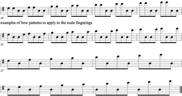 Single String major scale for Double Bass in standard music notation with bowing pattern