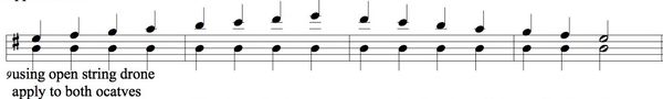 Single String major scale for Double Bass in standard music notation with Drone Note