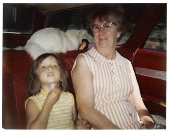 with my grandmother, Marnie Croston, and Fluff the cat on a road trip. Massachusetts, USA
