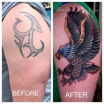 Traditional Eagle Tattoo Coverup Tattoo by Shari Qualls at Lucky Bella Tattoos in No
