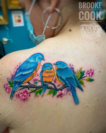 Bluebird Family Tattoo by Brooke Cook at Lucky Bella Tattoos in North Little Rock, AR
