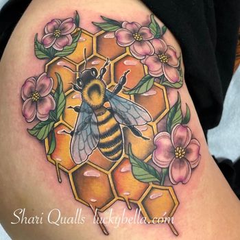 Honey Bee and Honeycomb Tattoo by Shari Qualls at Lucky Bella Tattoos in North Little Rock, AR
