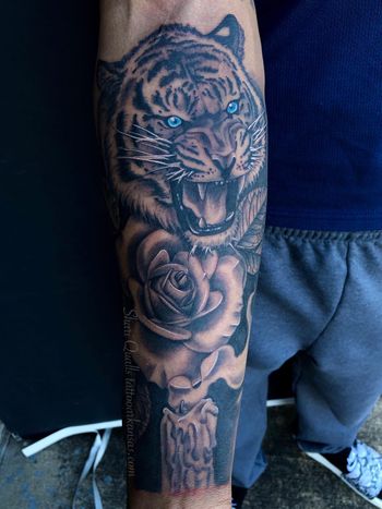 Tiger, Rose, and Candle Tattoo by Shari Qualls
