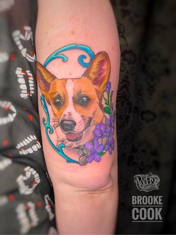 Corgi Tattoo Portrait by Brooke Cook at Lucky Bella Tattoos in North Little Rock, AR
